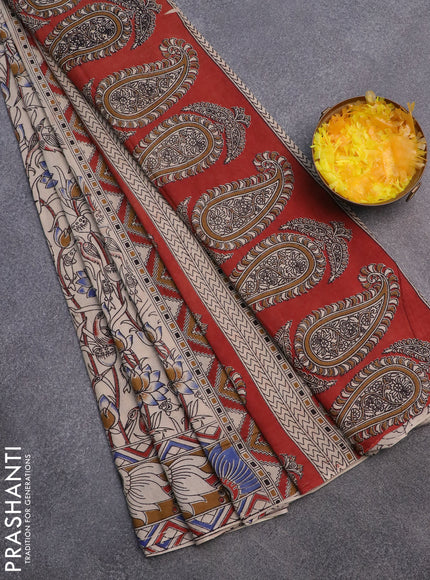 Kalamkari cotton saree beige and dark mustard with allover prints and printed border