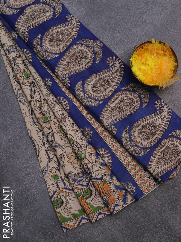 Kalamkari cotton saree beige and green with allover prints and printed border