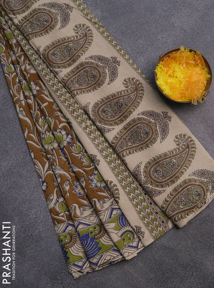 Kalamkari cotton saree dark mustard and green with allover prints and printed border