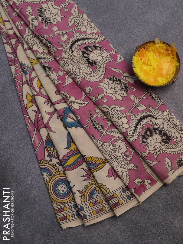 Kalamkari cotton saree beige with allover prints and printed border