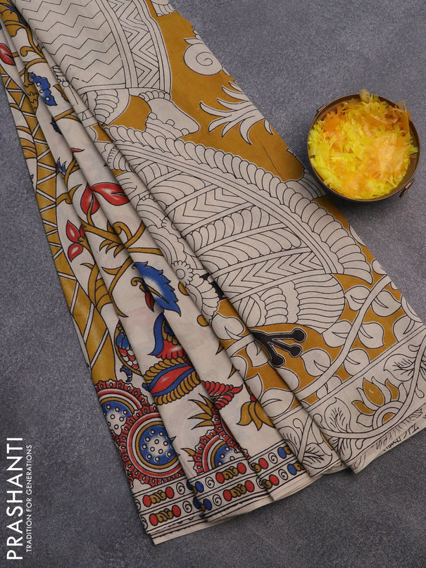 Kalamkari cotton saree beige with allover prints and printed border