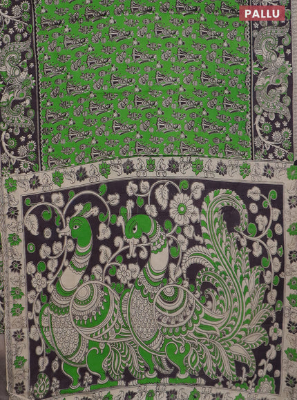 Kalamkari cotton saree parrot green and black with allover prints and printed border