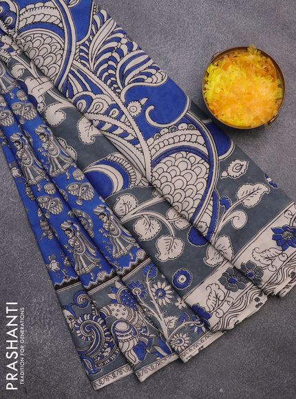 Kalamkari cotton saree blue and grey with allover prints and printed border