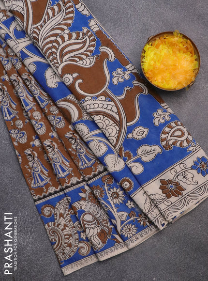 Kalamkari cotton saree dark mustard and blue with allover prints and printed border