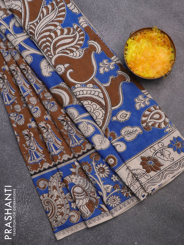 Kalamkari cotton saree dark mustard and blue with allover prints and printed border