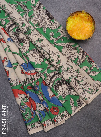 Kalamkari cotton saree beige and green with allover prints and printed border