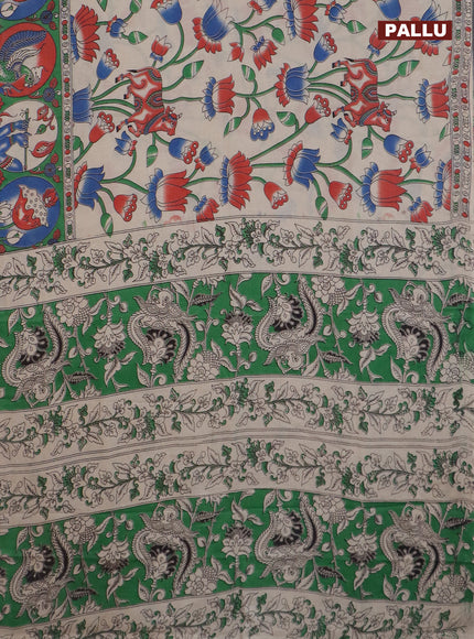 Kalamkari cotton saree beige and green with allover prints and printed border