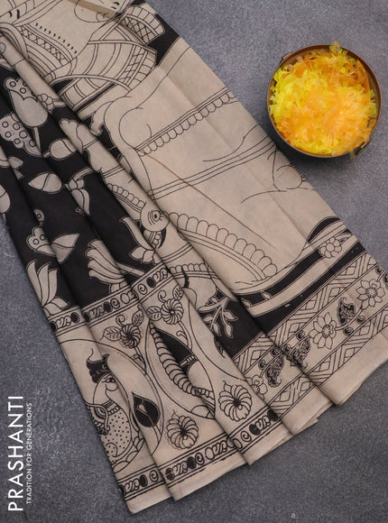 Kalamkari cotton saree black and beige with allover prints and printed border