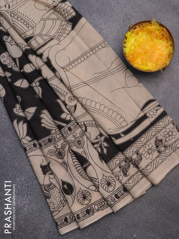 Kalamkari cotton saree black and beige with allover prints and printed border