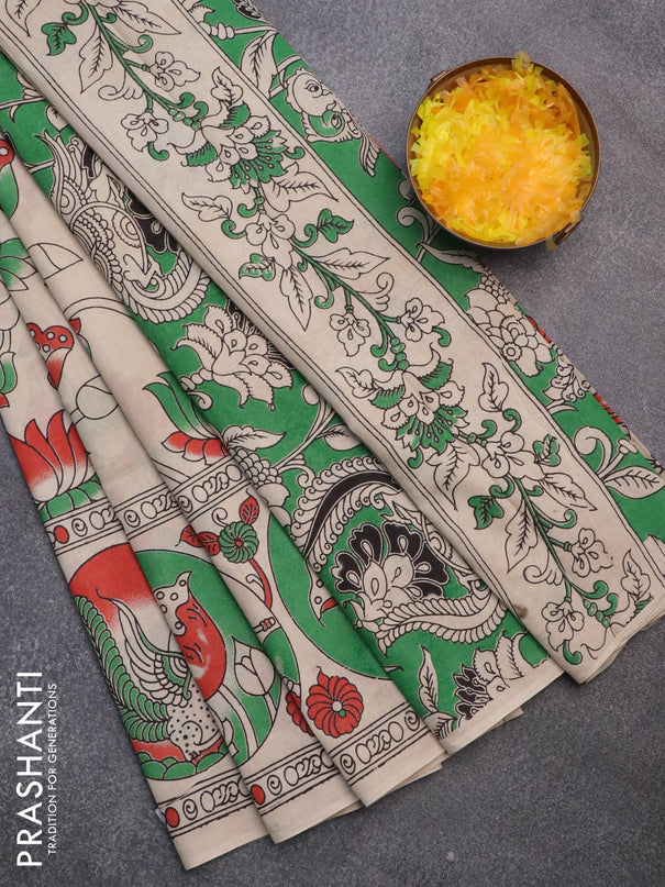 Kalamkari cotton saree beige with allover prints and printed border