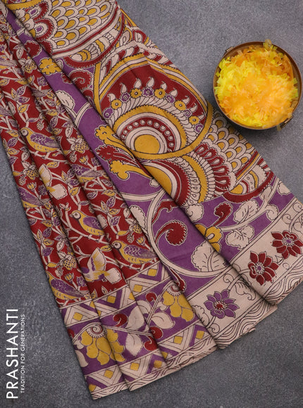 Kalamkari cotton saree maroon and purple with allover prints and printed border