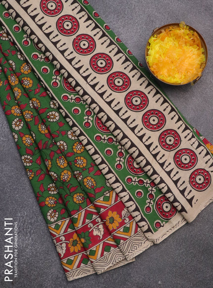 Kalamkari cotton saree green and red with allover prints and printed border