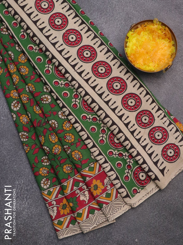 Kalamkari cotton saree green and red with allover prints and printed border