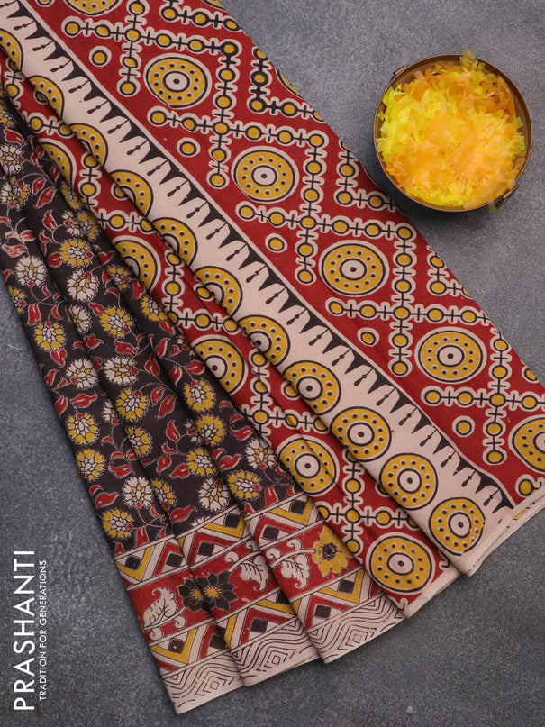 Kalamkari cotton saree black and maroon with allover prints and printed border