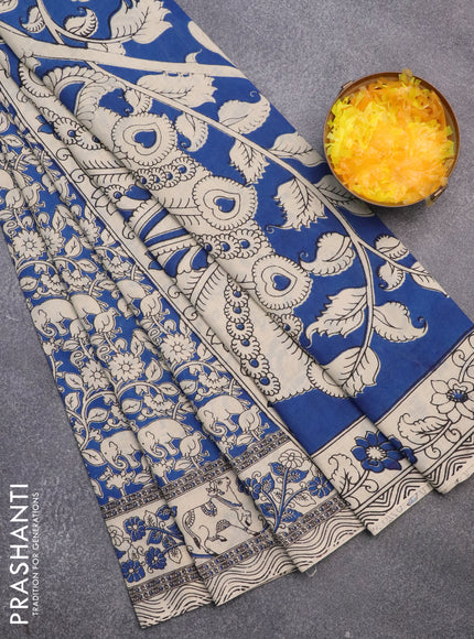 Kalamkari cotton saree blue and beige with allover prints and printed border