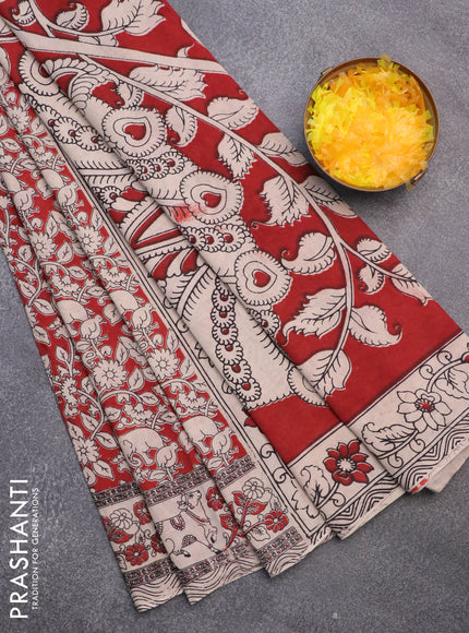 Kalamkari cotton saree red and beige with allover prints and printed border