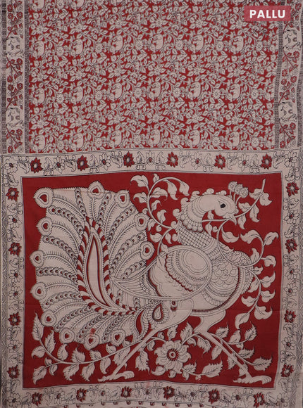 Kalamkari cotton saree red and beige with allover prints and printed border