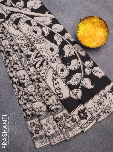 Kalamkari cotton saree black and beige with allover prints and printed border