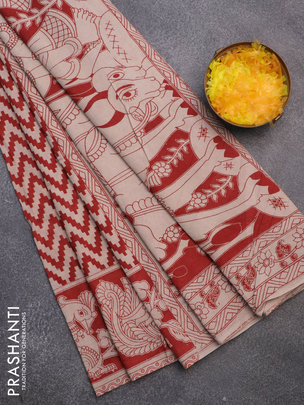 Kalamkari cotton saree beige and red with allover zig zag prints and printed border