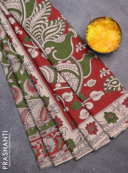 Kalamkari cotton saree sap green and maroon with allover prints and printed border