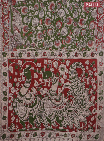 Kalamkari cotton saree sap green and maroon with allover prints and printed border