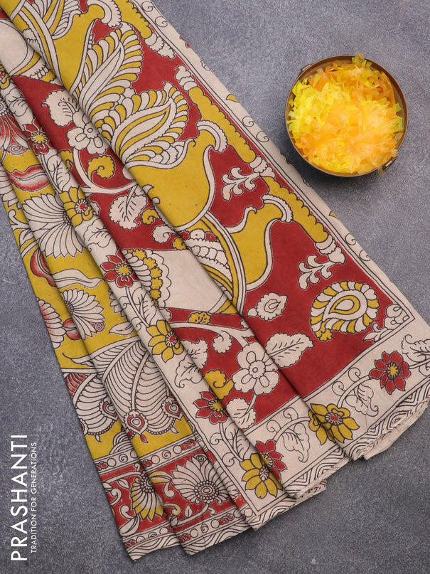 Kalamkari cotton saree yellow and maroon with allover prints and printed border