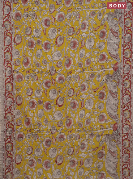 Kalamkari cotton saree yellow and maroon with allover prints and printed border