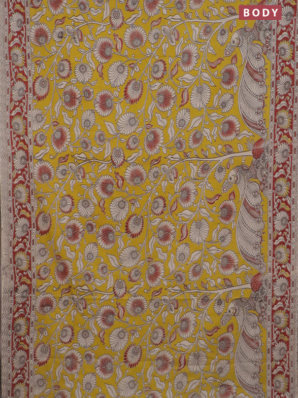 Kalamkari cotton saree yellow and maroon with allover prints and printed border