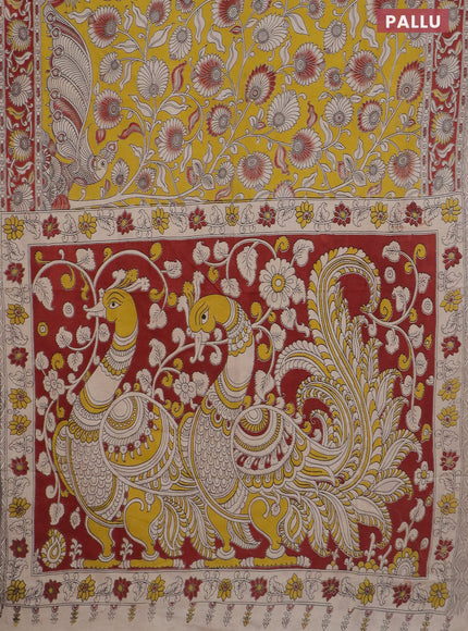 Kalamkari cotton saree yellow and maroon with allover prints and printed border