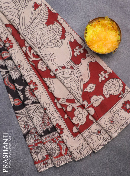 Kalamkari cotton saree black and maroon with allover prints and printed border