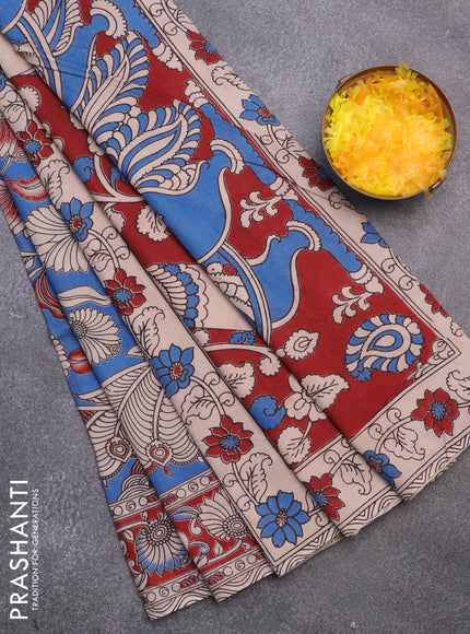 Kalamkari cotton saree blue and maroon with allover prints and printed border