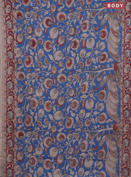 Kalamkari cotton saree blue and maroon with allover prints and printed border