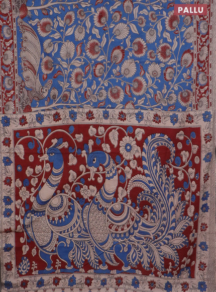 Kalamkari cotton saree blue and maroon with allover prints and printed border