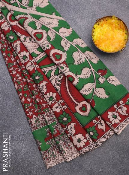 Kalamkari cotton saree maroon and green with allover prints and printed border