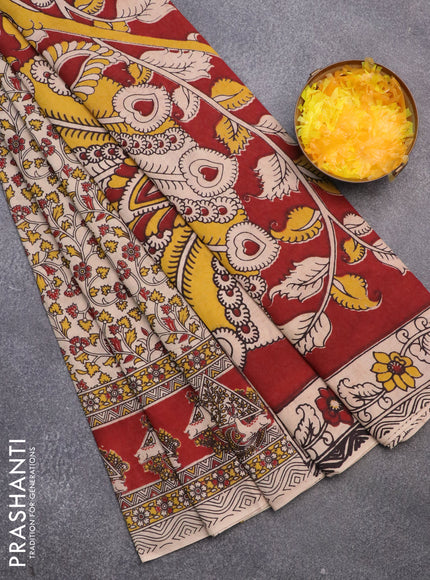 Kalamkari cotton saree beige and maroon with allover prints and printed border