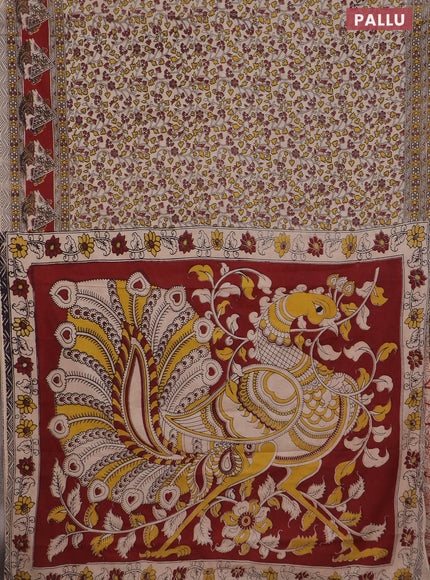 Kalamkari cotton saree beige and maroon with allover prints and printed border