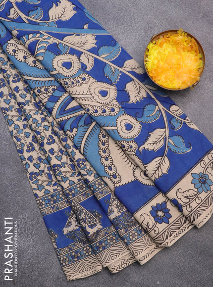 Kalamkari cotton saree beige and blue with allover prints and printed border