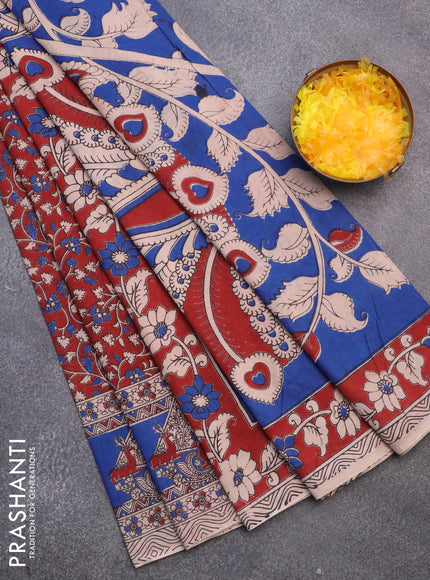 Kalamkari cotton saree maroon and blue with allover prints and printed border