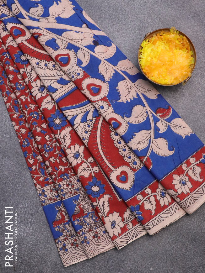 Kalamkari cotton saree maroon and blue with allover prints and printed border