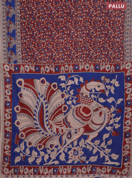 Kalamkari cotton saree maroon and blue with allover prints and printed border