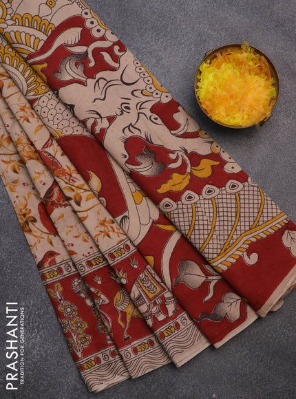 Kalamkari cotton saree beige and maroon with allover prints and printed border