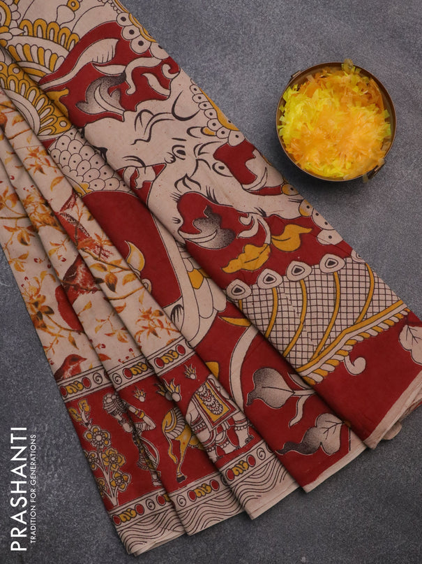 Kalamkari cotton saree beige and maroon with allover prints and printed border