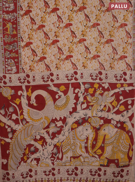 Kalamkari cotton saree beige and maroon with allover prints and printed border