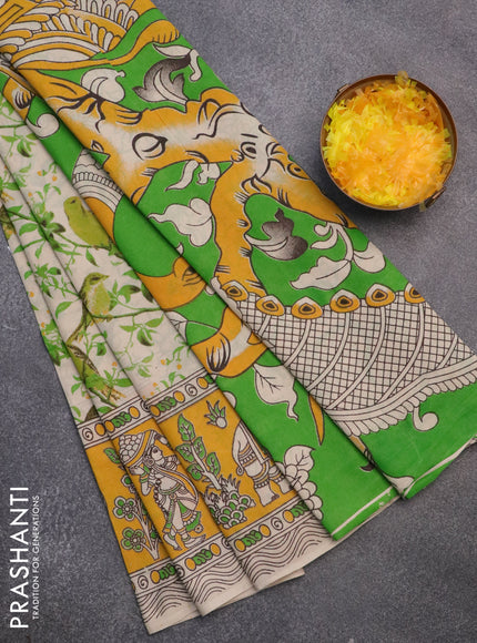 Kalamkari cotton saree cream and yellow with allover prints and printed border