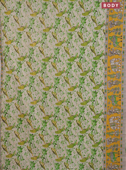 Kalamkari cotton saree cream and yellow with allover prints and printed border