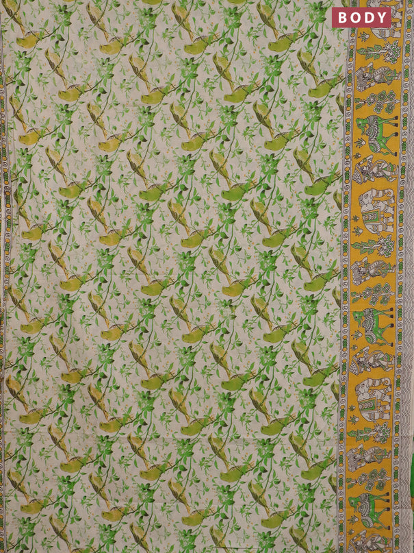 Kalamkari cotton saree cream and yellow with allover prints and printed border