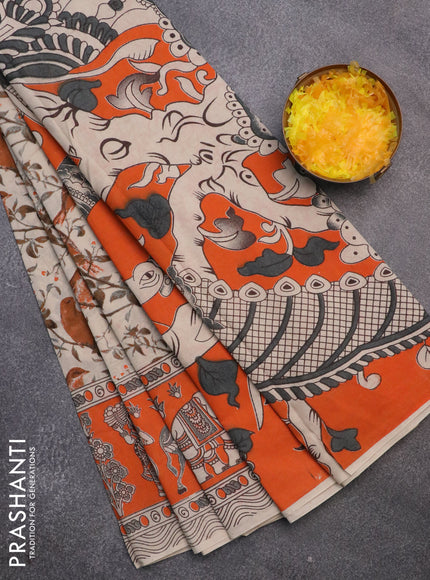 Kalamkari cotton saree cream and orange with allover prints and printed border