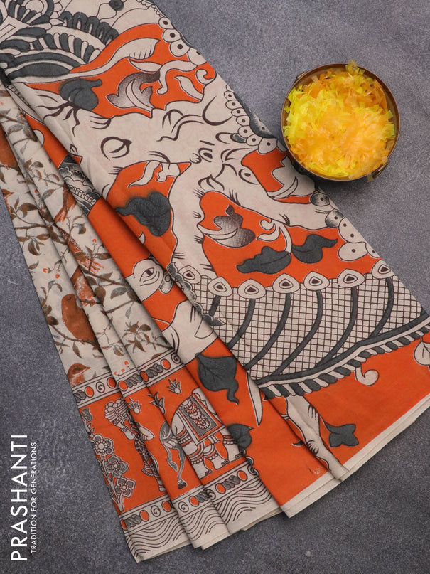 Kalamkari cotton saree cream and orange with allover prints and printed border