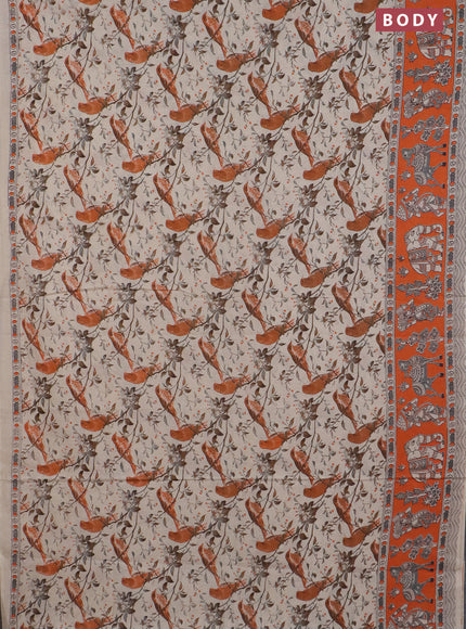 Kalamkari cotton saree cream and orange with allover prints and printed border