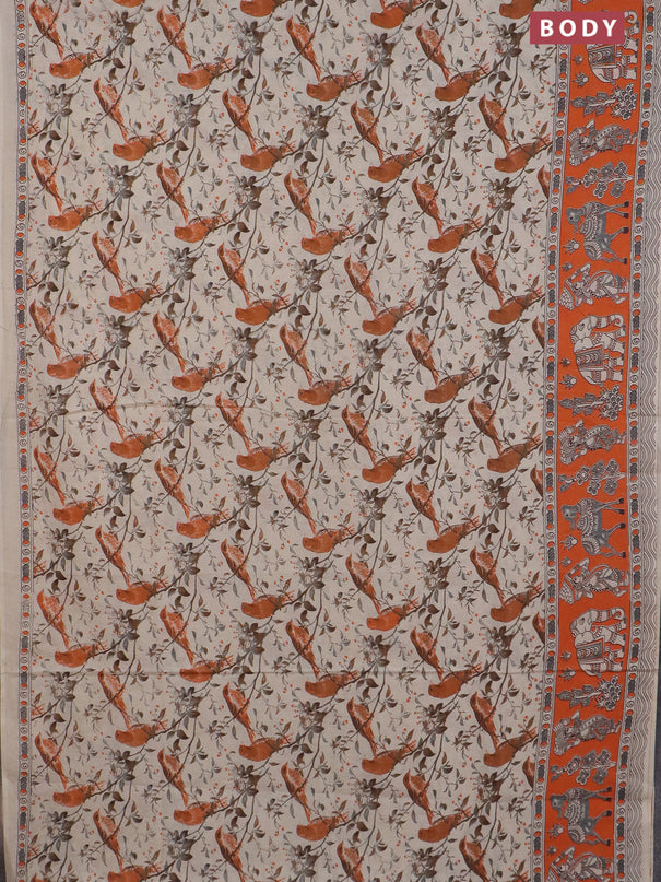 Kalamkari cotton saree cream and orange with allover prints and printed border